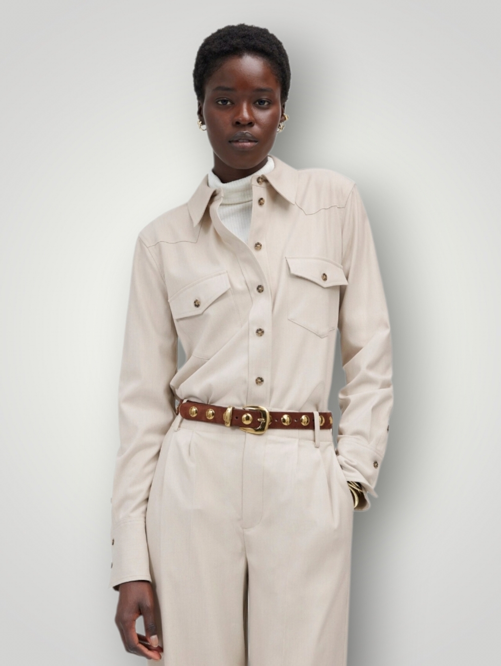 Madewell 4 Tan Western Button Up Shirt Coastal Cowgirl Brushed Twill Ranch‎ New